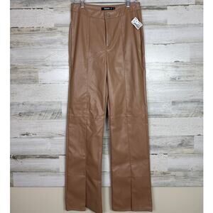 Missguided womens 10 tan vegan leather straight leg pants new zip wide boho
